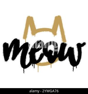 Graffiti en spray doré et noir mot calligraphique manuscrit MIOW et silhouette de tête de chat sur blanc. Illustration de Vecteur