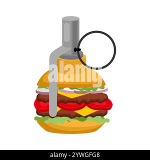 Grenade à hamburger. Explosion du cholestérol. Explosifs pour hamburgers. Concept pour la restauration rapide Illustration de Vecteur