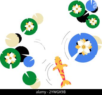 Koi Fish nageant parmi Lily Pads dans Flat Vector illustration symbolisant la tranquillité, la nature et la vie aquatique, isolé sur fond blanc Illustration de Vecteur