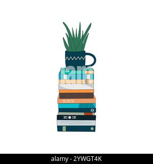 Une pile de livres et une plante d'intérieur. Une scène confortable avec une plante en pot sur le dessus de la pile de livres. Illustration vectorielle. Illustration de Vecteur