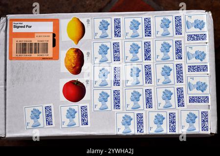Variété de timbres-poste Royal mail sur un petit colis en Grande-Bretagne, Royaume-Uni Banque D'Images