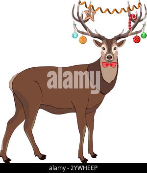 Cerf avec des cornes décorées de boules du nouvel an, bonbons crémeux, pain d'épices en forme d'étoile, serpentine. Illustration vectorielle Illustration de Vecteur