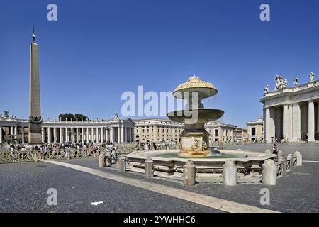 Obélisque et fontaine sur la place Saint-Pierre, Vatican, Rome, Latium, Italie, Europe Banque D'Images