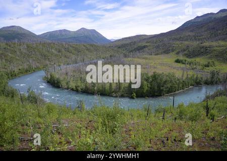 Une rivière calme serpente à travers une vallée verdoyante, entourée de collines boisées et de montagnes sous un ciel bleu, rivière Kenai, Alaska, USA, Amérique du Nord Banque D'Images