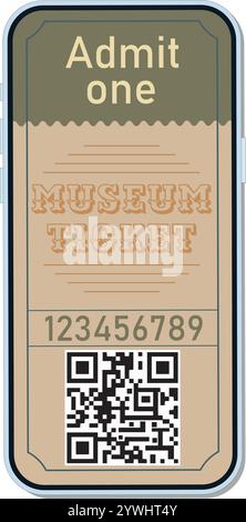 Billet électronique pour le musée dans un style rétro sur votre téléphone. Illustration de Vecteur