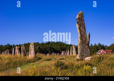 Le navire se trouve sur le site funéraire de Blomsholm, un monument en pierre de l'âge du fer près de Strömstad à Bohuslän, Västra Götalands län, Suède. Banque D'Images