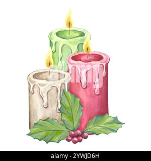 Bougies de cire rouge vert blanc brûlant avec des baies de feuilles de houx. Décoration de noël aux chandelles. Dessin à la main illustration aquarelle arrière-plan isolé Banque D'Images