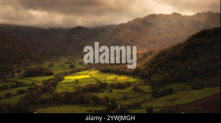 Lumière du matin tombant sur la vallée de Borrowdale, Lake District, Cumbria Royaume-Uni Banque D'Images