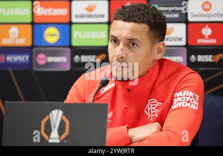 James Tavernier des Rangers lors d'une conférence de presse à l'Ibrox Stadium, Glasgow. Date de la photo : mercredi 11 décembre 2024. Banque D'Images