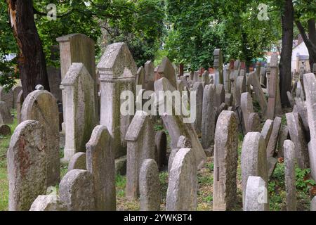 Vieux cimetière juif dans le quartier de Zizkov à Prague, République tchèque. Banque D'Images