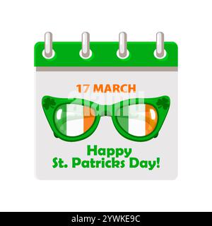Page calendrier pour Patricks Day avec lunettes de soleil irlandaises pour votre carte postale, autocollant, design, impression ou invitation Illustration de Vecteur