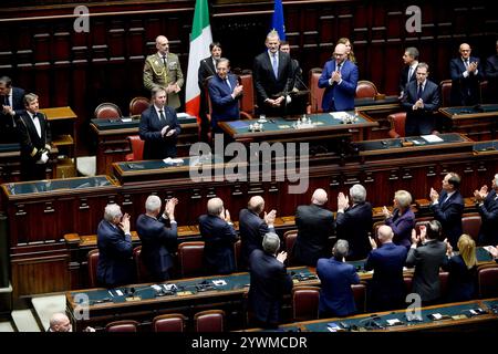 Italie, Rome, 11 décembre 2024 : visite d'État en Italie des royaux espagnols. Sur la photo son Altesse Royale le Prince Felipe d'Espagne à la Chambre des députés, (l) Ignazio la Russa, Président du Sénat et (R) Lorenzo Fontana, Président de la Chambre des députés photo © Stefano Carofei/Sintesi/Alamy Live News Banque D'Images