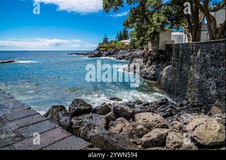 Une vue le long de la plage volcanique de sable noir à Caloura sur l'île de San Miguel aux Açores en été Banque D'Images