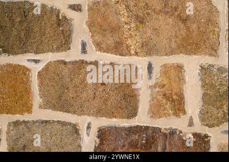 Ce mur présente différentes nuances de pierres brunes et beiges disposées selon un motif irrégulier, créant une atmosphère chaleureuse et terreuse. Il met en évidence le Banque D'Images