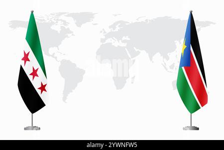 La révolution syrienne et le Soudan du Sud drapeaux pour la réunion officielle sur fond de carte du monde. Illustration de Vecteur