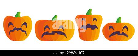 Icônes de jeu de vecteur de citrouille avec sourire pour Halloween dans le style plat. Illustration vectorielle de citrouilles pour Halloween. Illustration de Vecteur
