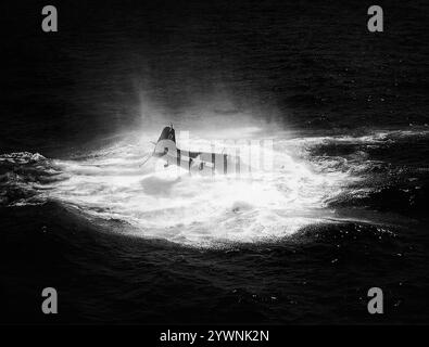 Un Grumman F6F Hellcat prangé en mer au large du porte-avions USS Hancock lors de la bataille de la mer des Philippines en juillet 1944. L'avion de chasse américain de la seconde Guerre mondiale a fait ses débuts au combat en septembre 1943 et s'est par la suite imposé comme un chasseur de porte-avions robuste et bien conçu. Il est devenu le chasseur dominant de la marine des États-Unis dans la seconde moitié de la guerre du Pacifique. Au total, 12 275 avions ont été construits en un peu plus de deux ans et les Hellcats ont été crédités de la destruction d'un total de 5 223 avions ennemis en service. Banque D'Images