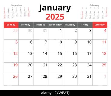 calendrier du 2025 janvier. Un vecteur calendriers mensuels anglais. Design avec début de dimanche Illustration de Vecteur