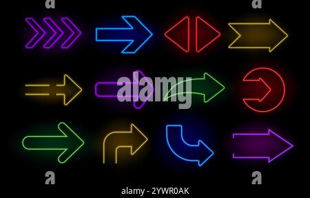 Flèches directionnelles au néon. Symboles lumineux lumineux électriques de pointeur de flèche, panneaux de néon publicitaires indiquant la direction. Icônes de flèche vectorielle ensemble isolé. Illustration de Vecteur