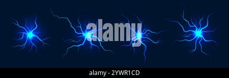 Boules de foudre. Éclair, étincelle de tonnerre, tempête de souffle électrique ou orage avec rayons radiaux. Explosion d'un éclair. Ensemble réaliste de vecteur de rafale de plasma. Illustration de Vecteur