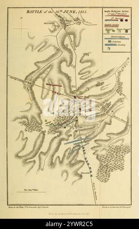 Bataille du 16 juin 1815 - quatre bras. Carte des guerres napoléoniennes, Waterloo. croquis historique de la campagne de 1815 Banque D'Images