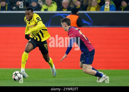 Dortmund, Deutschland. 11 décembre 2024. Bild : V.L. Jamie Gittens (Borussia Dortmund, 43) und Marc Casado (FC Barcelone, 17), 11.12.2024, Fussball, Ligue des Champions, Borussia Dormund - FC Barcelona, GER, Dortmund, signal Iduna Park. Crédit : dpa/Alamy Live News Banque D'Images