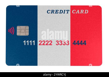 Carte de crédit en plastique en forme de drapeau de France isolé sur fond blanc (gros plan). Paiement en ligne par carte de crédit pour les achats Banque D'Images
