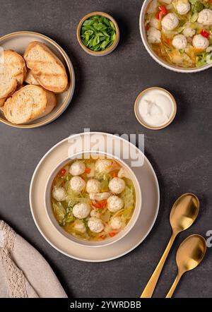 Photographie alimentaire de soupe avec boulettes de poulet et légumes, carottes, chou, brocoli, pommes de terre, poivron, bouillon, pain grillé, oignon de printemps Banque D'Images