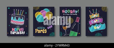 Fête d'anniversaire carte d'invitation clipart poster set design. Joyeux anniversaire salut et souhaits avec gâteau, ballons et éléments de soda dans le croquis à la craie Illustration de Vecteur