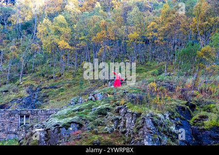 Huldra le séducteur dans la robe rouge fluide danse et chante à côté de la cascade de Kjosfossen dans la vallée de Flamsdalen. Huldra est une figure du folklore de la mythologie nordique Banque D'Images