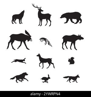 Vecteur noir set bundle de silhouette d'animaux sauvages de forêt isolé sur fond blanc Illustration de Vecteur