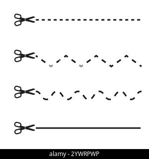 Ciseaux et lignes. Symboles de coupe en pointillés. Illustration vectorielle simple. Design graphique noir. Illustration de Vecteur