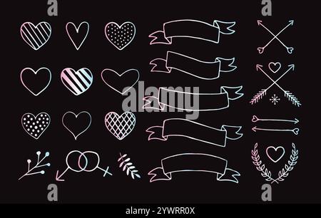 Ensemble vectoriel d'éléments d'esquisse de doodle dessinés à la main holographique isolés sur fond noir. Paquet de coeurs de Saint-Valentin rubans et flèches illustrat Illustration de Vecteur