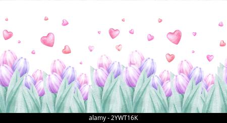 Tulipes roses et lilas avec des coeurs volants aquarelle isolée bordure sans couture. Dessiner à la main délicate bannière horizontale de fleur pastel pour la Saint-Valentin romantique festive, fête des mères et des femmes, ruban d'emballage. Banque D'Images