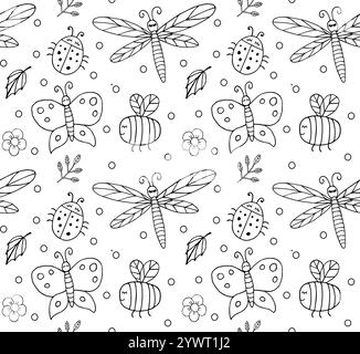 Modèle sans couture de vecteur de croquis de doodle dessiné à la main différents insectes isolés sur fond blanc Illustration de Vecteur