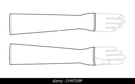 Gantelets gants longueur coude accessoire main mode vêtements illustration technique vêtement. Vue arrière de paume avant de vecteur pour hommes, femmes, modèle plat de modèle unisexe CAD maquette contour d'esquisse sur blanc Illustration de Vecteur