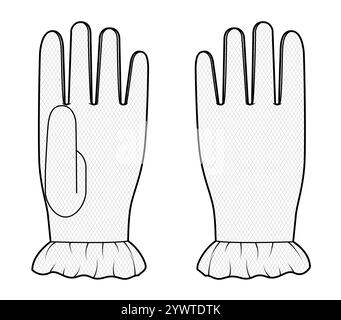 Dentelle volante gants longueur poignet accessoire de mode main vêtements illustration technique vêtement. Vue arrière avant de vecteur pour hommes, femmes, modèle plat unisexe modèle CAD esquisse sur fond blanc Illustration de Vecteur