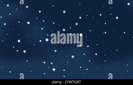 Flocons de neige festifs dans le ciel nocturne d'hiver avec des nuages. Neige blanche tombant sur un fond bleu foncé. Illustration vectorielle Illustration de Vecteur