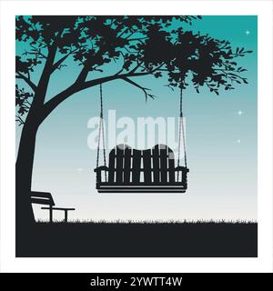 Une balançoire tranquille suspendue à un arbre avec un banc ci-dessous Illustration de Vecteur