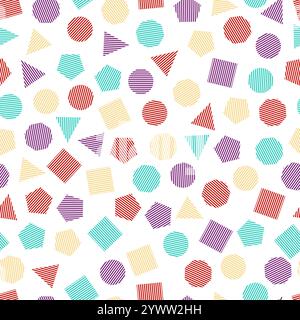 Motif géométrique sans couture avec carrés multicolores, triangles, cercles, pentagones, hexagones et heptagones pour tissus et cartes postales. Geometri tendance Illustration de Vecteur