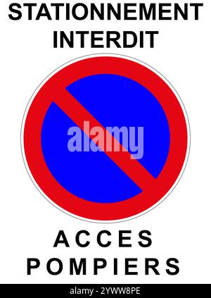 Panneau routier rond français avec fond bleu bordé et barré en rouge et texte en français : stationnement interdit accès pompiers Banque D'Images