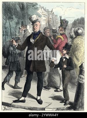 Vintange illustration d'une scène du roman David Copperfield de Charles Dickens. M. Micawber, en m'impressionnant les noms des rues et les formes des maisons d'angle au fur et à mesure que nous avançons, afin que je puisse retrouver mon chemin facilement le matin. Banque D'Images