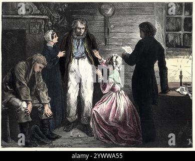 Vintange illustration d'une scène du roman David Copperfield de Charles Dickens. Lisez-le, monsieur, a-t-il dit, d'une voix faible frissonnant. Lent, s'il vous plaît. Je ne sais pas comme je peux le comprendre. Par Fred Barnard Banque D'Images