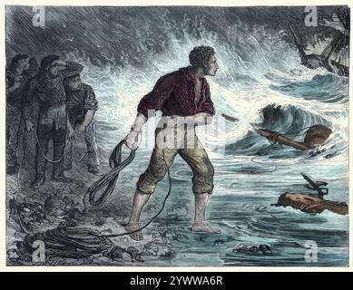 Vintange illustration d'une scène du roman David Copperfield de Charles Dickens. The Storm, Ham Peggotty se préparant à nager jusqu'à l'épave et à tenter de sauver les malheureux encore à bord. Par Fred Barnard Banque D'Images