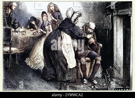 Vintange illustration d'une scène du roman Martin Chuzzlewit de Charles Dickens. Mme GAMP favorise l'entreprise avec une exposition de compétences professionnelles. Par Fred Barnard. Banque D'Images