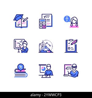 Apprentissage des mathématiques - ensemble d'icônes de style de conception de ligne moderne Illustration de Vecteur
