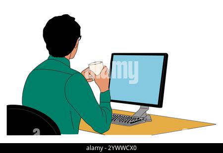 Homme d'affaires assis au bureau avec ordinateur portable Illustration de Vecteur