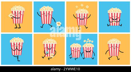 Jeu de personnages de pop-corn de dessin animé mignon. Collection d'icônes mascotte de seau à popcorn. Illustration vectorielle Illustration de Vecteur