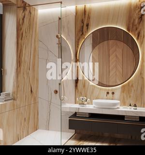Visualisation 3D d'une salle de bain de luxe dans des tons clairs et chauds avec des quartzites Ebano et Domus White Banque D'Images