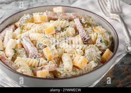 Salade de pâtes italiennes Fusilli avec cornichons, fromage jaune, aneth et bacon habillé de mayonnaise gros plan dans un bol sur la table. Horizontal Banque D'Images